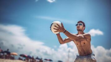 playa vóleibol jugador en acción a soleado día debajo azul cielo, generativo ai foto