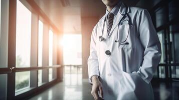 Medicine doctor with stethoscope. Patients come to the hospital background, photo