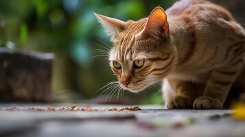 Feeding food to hungry chubby lovely cat or pet and stand up to waiting, photo