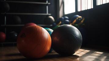 Fitness ball in gym and different sports equipment, photo