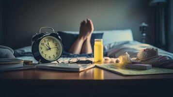 mujer con pies arriba en un escritorio y alarma reloj con pegajoso nota, es descanso tiempo, generativo ai foto