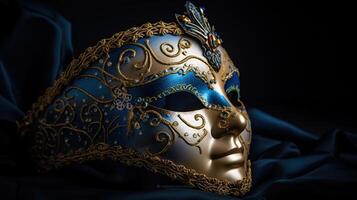 Elegant and delicate Venetian mask over blue dark background, photo