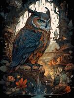 Owl Overgrown magical forest, wolf, photo