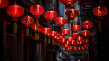 chino nuevo año linternas con bendición texto media feliz, sano y riqueza en China ciudad, generativo ai foto