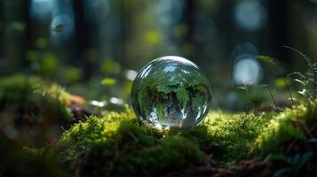 ambiente. vaso globo en césped musgo en bosque - verde planeta con resumen desenfocado bokeh luces - ambiental conservación concepto, generativo ai foto