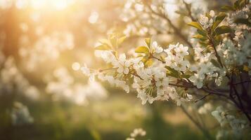 Spring blossom background. Beautiful nature scene with blooming tree and sun flare. Sunny day. Spring flowers. Beautiful Orchard. Abstract blurred background, photo