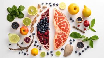 The best foods for healthy lungs and breathing. Assortment of natural products to boost lungs health with the inscription Healthy Lungs. photo