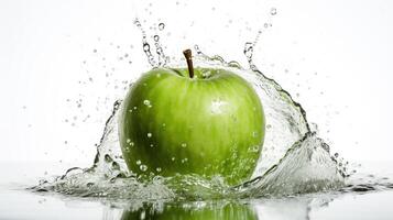 Fresh green apple and splash of water on white background, photo