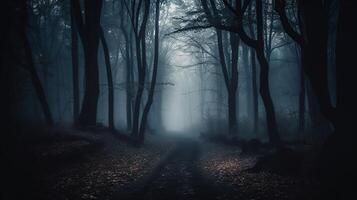 Fog In Spooky Forest At Moon Light On Asphalt - Abstract Bokeh And Filter Toned, photo