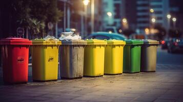 Collection of waste bins full of different types of garbage, recycling, photo