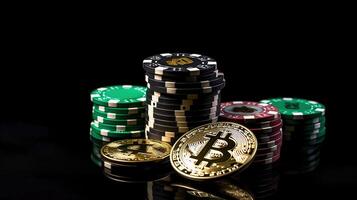 Bitcoin gold coin with poker chips on a green poker table against black background. Blockchain casino. Online gambling, photo