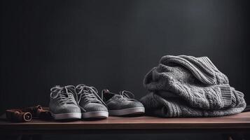 Table with stack of stylish sweaters and woman's shoes on grey background, photo