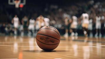 Basketball going through the basket at a sports arena, photo