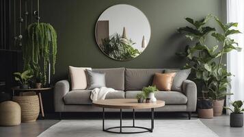 Interior of light living room with comfortable sofa, houseplants and mirror near light wall, gnerative ai photo