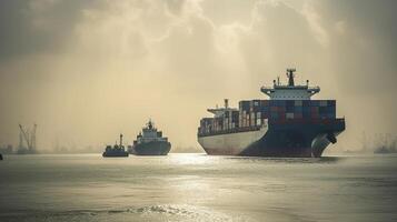 A tugs boat assist container vessel to be berthing at industrail port, photo