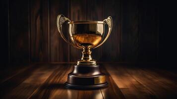 Image of gold trophy over wooden table and dark background, with abstract shiny lights, photo