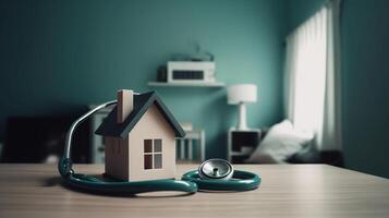 House check. miniature house and stethoscope, blue baground, photo