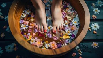 Manicured female feet in spa wooden bowl with flowers, photo
