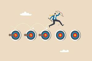 Goal tracking or achievement, effort planning to finish work, performance or track progress, project management or completed tasks concept, businessman holding arrow and bow jump on achieved targets. vector