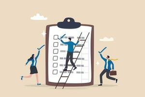 Finishing todo list, work checklist or accomplishment, project management, teamwork to get work done, complete plan concept, businessman coworkers help put checkmark on checkbox task list clipboard. vector