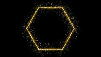 Golden hexagon frame with glitter, sparkles and flares on dark background. Empty luxury backdrop. Vector illustration.