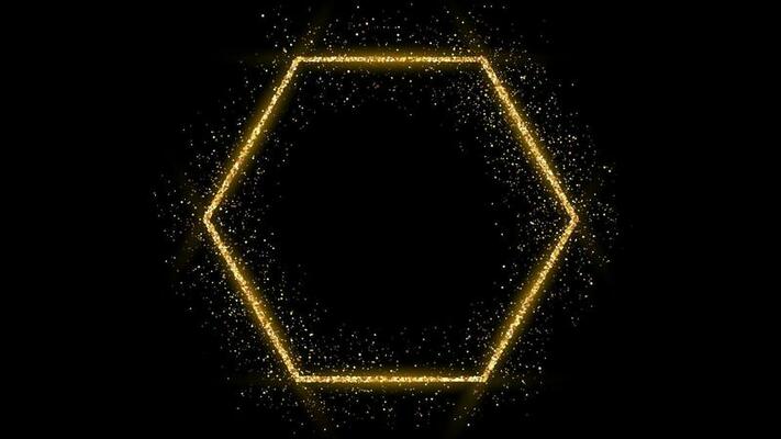 Golden hexagon frame with glitter, sparkles and flares on dark background. Empty luxury backdrop. Vector illustration.