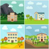 Set of four lonely houses in the nature. Vector illustration.