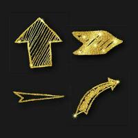 Gold glitter hand drawn arrow. Set of four doodle arrows with gold glitter effect on dark background. Vector illustration