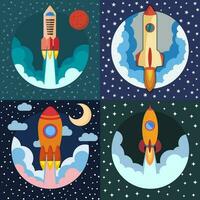 Set of four space rocket ships. Space rocket launch. Project startup and development process concept. The rocket flies upwards. vector