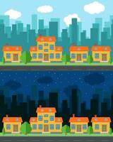 Vector city with cartoon houses and buildings in the day and night. City space with road on flat style background concept. Summer urban landscape. Street view with cityscape on a background