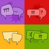 Set of four communication speech bubbles on colorful backgrounds. Vector illustration