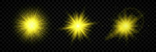 Light effect of lens flares. Set of three yellow glowing lights starburst effects with sparkles vector