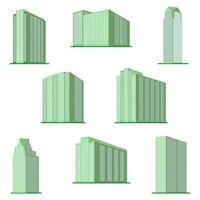 Set of eight modern high-rise building on a white background. View of the building from the bottom. Isometric vector illustration.