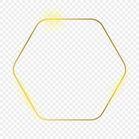 Gold glowing rounded hexagon frame isolated on background. Shiny frame with glowing effects. Vector illustration.