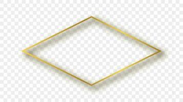 Gold glowing rhombus shape frame with shadow isolated on background. Shiny frame with glowing effects. Vector illustration.