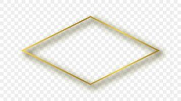 Gold glowing rhombus shape frame with shadow isolated on background. Shiny frame with glowing effects. Vector illustration.