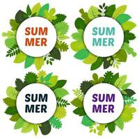 Set of four labels with green summer leaves under white rounds and inscription summer. Vector card with green leaves isolated on white background