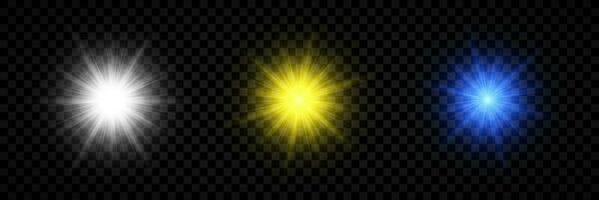 Light effect of lens flares. Set of three white, yellow and blue glowing lights starburst effects with sparkles vector