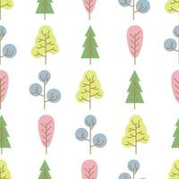 Seamless pattern with colored trees on white background. Vector illustration.