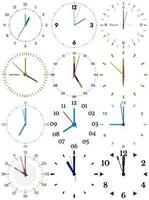 A set of different mechanical clocks with an image of each of the twelve hours. Clock face on white background. vector