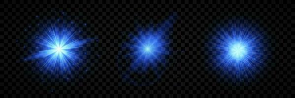 Light effect of lens flares. Set of three blue glowing lights starburst effects with sparkles on a background. Vector illustration