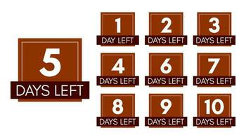 Number of days left. Set of ten brown banners with countdown from 1 to 10. Vector illustration