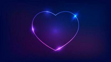 Neon frame in heart form with shining effects on dark background. Empty glowing techno backdrop. Vector illustration.