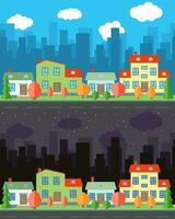 Vector city with four cartoon houses and buildings in the day and night.Summer urban landscape. Street view with cityscape on a background