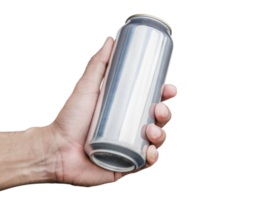 Hand hold mockup shiny aluminum slim can png