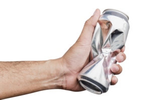 Hand hold compressed shiny aluminum can png