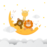 Cute animals on the moon with stars, clouds and night sky background png