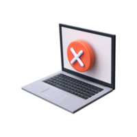 3d laptop and x sign. Laptop with cross sign, error or cancel on monitor screen. png