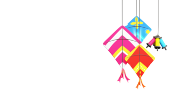 3D Render Of Colorful Kites With String Spools Hang Element. png