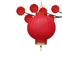 3D Render Chinese Lantern Hang With Sakura Branch Element In Red And Golden Color. png